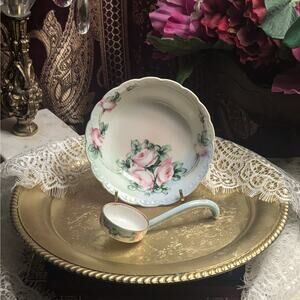 1880-1920 Antique P.K Silesia Handpainted Pink Rose Sauce Condiment Bowl & Ladle
